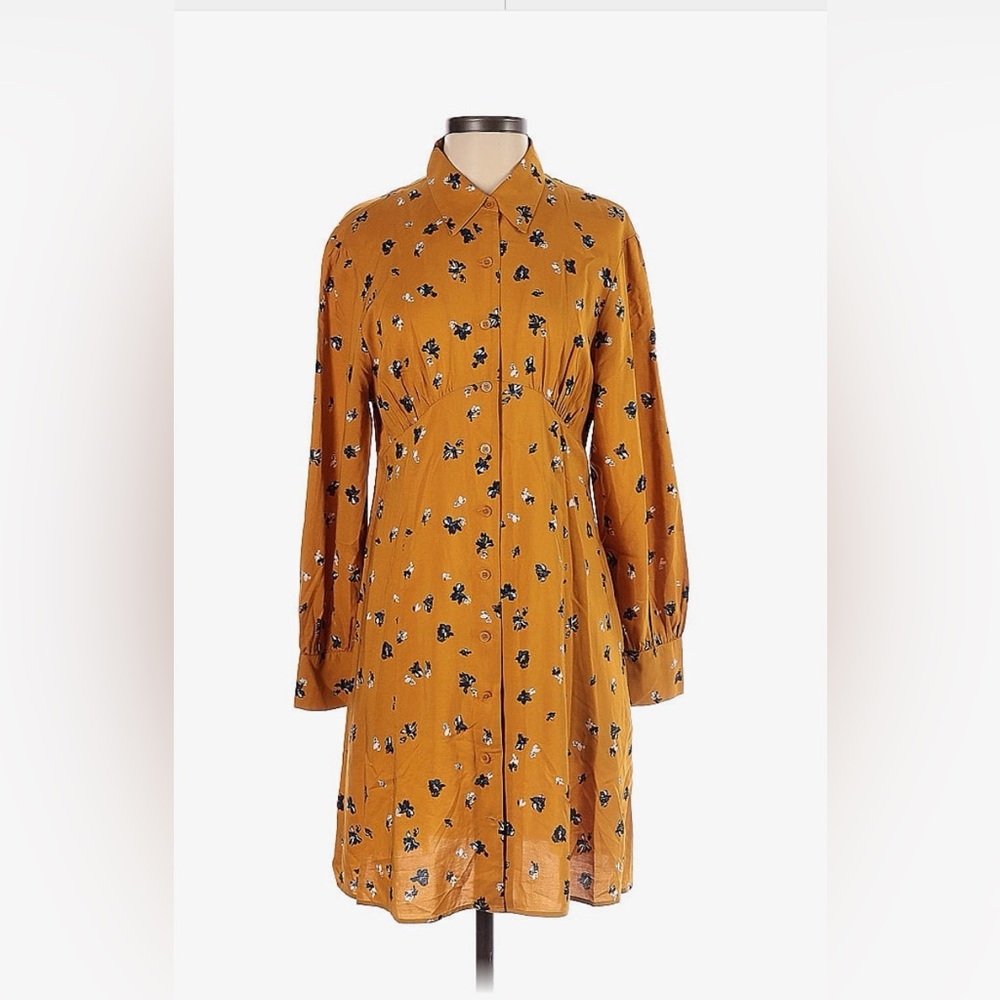 Uniqlo Mustard Yellow Shirtdress, Floral Print, Knee Length (size Small)